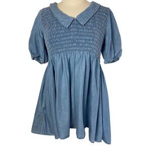 Free People Paige Denim Mini Dress Women XS Oversized Babydoll Smocked Milkmaid